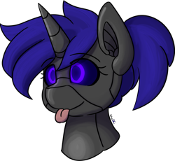 Size: 735x677 | Tagged: safe, artist:spheedc, imported from twibooru, oc, oc only, pony, robot, unicorn, :p, black sclera, blue eyes, bust, female, image, mare, png, portrait, signature, simple background, solo, tongue out, transparent background