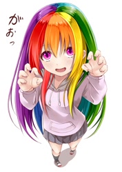 Size: 566x800 | Tagged: safe, artist:cz, imported from derpibooru, rainbow dash, human, anime style, clothes, colored, humanized, japanese, looking at you, open mouth, shoes, simple background, skirt, socks, solo, white background