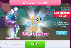 Size: 1276x858 | Tagged: safe, imported from derpibooru, dusty swift, gladmane, zen moment, earth pony, pegasus, pony, bowtie, bundle, clothes, costs real money, dress, english, female, gameloft, jewelry, las pegasus resident, male, mare, my little pony: magic princess, necklace, numbers, official, spread wings, stage, stallion, suit, text, wings
