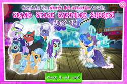 Size: 1953x1296 | Tagged: safe, idw, imported from derpibooru, big bucks, dusty swift, gladmane, penn jillette, sapphire shores, zen moment, earth pony, pegasus, pony, unicorn, advertisement, beard, bow, bowtie, clothes, dress, english, facial hair, female, gameloft, glasses, hair bow, hat, horn, idw showified, jewelry, las pegasus resident, male, mare, my little pony: magic princess, necklace, necktie, official, pants, scarf, spread wings, stage, stallion, suit, text, top hat, trotsky, wings