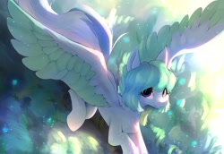 Size: 2048x1412 | Tagged: safe, artist:silver fox, imported from derpibooru, oc, oc only, oc:nemolongjing, pegasus, pony, flying, looking at you, solo, sparkles, spread wings, wings