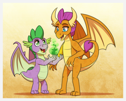 Size: 1472x1181 | Tagged: safe, artist:inuhoshi-to-darkpen, imported from derpibooru, smolder, spike, dragon, pony, cute, dragon wings, dragoness, duo, female, fire, fireball, green fire, male, open mouth, smolderbetes, spikabetes, wide eyes, wings