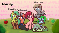 Size: 1920x1080 | Tagged: artist needed, safe, imported from derpibooru, oc, oc only, oc:breezy toot, oc:mare mare, oc:moist hump, oc:red, oc:sloppy lips, oc:thick seed, oc:winky squirt, earth pony, pegasus, pony, unicorn, apple, clothes, colored pupils, computer, eyes closed, female, flying, food, frown, game, laptop computer, lidded eyes, loading screen, lying down, mare, marequest, open mouth, prone, raised hoof, sleeping, smiling, socks, spread wings, text, wings