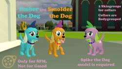 Size: 1192x670 | Tagged: safe, artist:ponygamer2020, imported from derpibooru, princess ember, smolder, spike, spike the regular dog, dog, equestria girls, 3d, canterlot high, collar, cute, dog collar, dog tags, dogified, download at source, downloadable, ember the dog, logo, looking at you, puppy, sad, smiling, smiling at you, smolder the dog, smolderbetes, source filmmaker, source filmmaker resource, species swap, spike the dog, tongue out, trio, uncomfortable