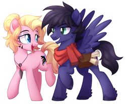 Size: 2076x1728 | Tagged: safe, artist:oddysies, imported from derpibooru, oc, oc only, oc:fenris ebonyglow, oc:kara waypoint, earth pony, pegasus, pony, bag, clothes, duo, fangs, female, jewelry, male, mare, necklace, oc x oc, scarf, shipping, simple background, stallion, white background