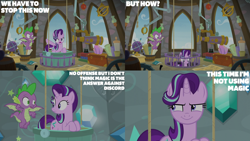 Size: 4400x2475 | Tagged: safe, edit, edited screencap, editor:quoterific, imported from derpibooru, screencap, spike, starlight glimmer, dragon, pony, unicorn, a matter of principals, season 8, spoiler:s08, female, male, mare, telescope, winged spike, wings