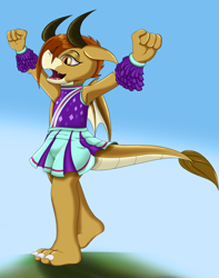 Size: 2580x3272 | Tagged: safe, artist:neondragon, imported from derpibooru, ocellus, dragon, arms in the air, blue sky, cheerful, cheerleader, cheerleader ocellus, cheerleader outfit, clothes, disguise, disguised changeling, dragon ocellus, dragoness, female, gradient background, pom pom, skirt, solo