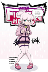 Size: 1347x2000 | Tagged: safe, artist:oldskullkid, imported from derpibooru, human, lamb, sheep, them's fightin' herds, bell, choker, clothes, community related, female, humanized, jacket, looking at you, please be gentle, pom (tfh), puppy, shoes, socks, solo, speech bubble, thigh highs