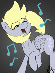 Size: 915x1225 | Tagged: safe, artist:mranthony2, imported from derpibooru, derpy hooves, pegasus, pony, cute, dancing, derpabetes, female, happy, music notes, open mouth, simple background, solo