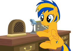 Size: 1280x896 | Tagged: safe, artist:mlpfan3991, imported from derpibooru, oc, oc only, oc:flare spark, pegasus, cabinet, female, microphone, radio, simple background, sitting, solo, stool, transparent background