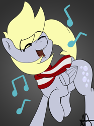 Size: 915x1225 | Tagged: safe, alternate version, artist:mranthony2, imported from derpibooru, derpy hooves, pegasus, pony, clothes, cute, dancing, derpabetes, female, happy, music notes, open mouth, scarf, simple background, solo, striped scarf