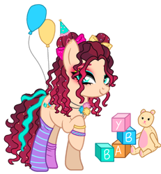 Size: 1024x1110 | Tagged: safe, artist:marihht, imported from derpibooru, oc, oc only, earth pony, pony, balloon, base used, blocks, bracelet, clothes, earth pony oc, eyeshadow, female, jewelry, makeup, mare, offspring, parent:cheese sandwich, parent:pinkie pie, parents:cheesepie, plushie, simple background, socks, solo, striped socks, teddy bear, transparent background