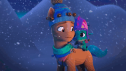 Size: 1280x720 | Tagged: safe, imported from derpibooru, screencap, hitch trailblazer, dragon, earth pony, pony, spoiler:g5, spoiler:winter wishday, animated, bells, blizzard, clothes, cold, cute, eyes closed, father and child, father and son, g5, hat, hitchbetes, male, my little pony: make your mark, my little pony: make your mark chapter 3, papa hitch, scarf, shivering, snow, snowfall, snuggling, sparky sparkeroni, sparkybetes, stallion, storm, winter hat, winter wishday