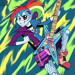 Size: 3071x3071 | Tagged: safe, artist:dncsamsonart, imported from derpibooru, rainbow dash, human, equestria girls, friendship through the ages, electric guitar, female, guitar, musical instrument, rainbow punk, solo