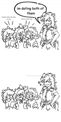 Size: 758x1516 | Tagged: safe, artist:aj2020ahgd, imported from derpibooru, apple bloom, applejack, scootaloo, sweetie belle, anthro, earth pony, pegasus, unicorn, ^^, black and white, coming out, cutie mark crusaders, eyes closed, female, front knot midriff, grayscale, hand on hip, human facial structure, implied appledash, implied lesbian, implied polyamory, implied rarijack, implied shipping, midriff, monochrome, smiling, smugjack, xd