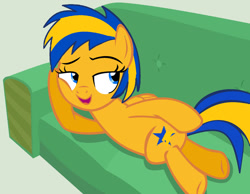 Size: 1280x993 | Tagged: safe, artist:mlpfan3991, imported from derpibooru, oc, oc only, oc:flare spark, pegasus, couch, draw me like one of your french girls, hoof on cheek, simple background, solo