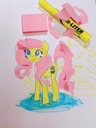 Size: 1512x2016 | Tagged: safe, artist:sodiumsaccharin, imported from derpibooru, fluttershy, pegasus, pony, highlighter, mixed media, solo, sticky note, traditional art