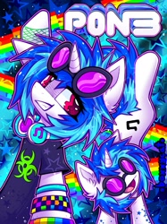 Size: 1535x2048 | Tagged: safe, artist:boxxycat_, imported from derpibooru, dj pon-3, vinyl scratch, pony, unicorn, biohazard, bracelet, clothes, ear fluff, headphones, jewelry, red eyes, shirt, t-shirt