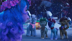 Size: 2388x1345 | Tagged: safe, imported from derpibooru, screencap, izzy moonbow, pony, unicorn, spoiler:g5, spoiler:winter wishday, alphabittle blossomforth, bongo beats, bridlewood, cold, female, floral head wreath, flower, flower in hair, g5, jasper, male, mare, my little pony: make your mark, my little pony: make your mark chapter 3, night, onyx, snow, snowfall, stallion, tent, winter, winter wishday, wreath