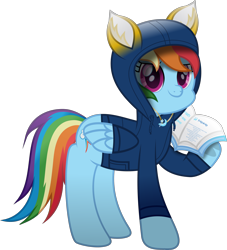 Size: 2562x2816 | Tagged: safe, artist:lincolnbrewsterfan, imported from derpibooru, rainbow dash, pegasus, derpibooru, derpibooru community collaboration, .svg available, 2023 community collab, administrator, book, clothes, confident, costume, drawstrings, e621, ear fluff, element of derpibooru, equestria font, folded wings, foreword, gemstones, guidebook, happy, holding, hood, hoodie, hoof heart, inkscape, jewelry, kigurumi, lifting, looking at you, magenta eyes, meta, moderator, motivation, motivational description, movie accurate, multicolored hair, multicolored mane, multicolored tail, necklace, positive ponies, raised hoof, semi-ponified, simple background, smiling, smiling at you, standing, svg, tail, text, transparent background, trixie's cutie mark, truth, underhoof, vector, wall of tags, wing sleeves, wings