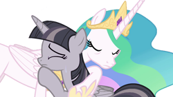 Size: 1024x576 | Tagged: safe, artist:wardex101, edit, edited screencap, imported from derpibooru, screencap, princess celestia, twilight sparkle, alicorn, pony, season 4, twilight's kingdom, background removed, crying, cute, daaaaaaaaaaaw, discorded, discorded twilight, duo, duo female, female, hug, mare, missing cutie mark, not a vector, sad, simple background, slim, transparent background, twilight sparkle (alicorn), twilight tragedy