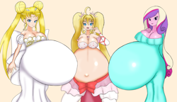 Size: 2900x1668 | Tagged: safe, artist:りょうつ, imported from derpibooru, princess cadance, human, mermaid, equestria girls, bare belly, beautiful, belly button, crossover, cute, female, hyper, hyper belly, hyper pregnancy, impossibly large belly, lucia nanami, mermaid melody, multiple pregnancy, neo queen serenity, outie belly button, pregdance, pregnant, sailor moon, shiny, trio, trio female