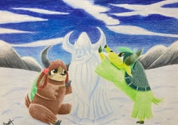 Size: 2924x2055 | Tagged: safe, artist:grffxs, imported from derpibooru, sandbar, yona, yak, bow, cloven hooves, colored pencil drawing, female, hair bow, male, monkey swings, shipping, snow, species swap, straight, traditional art, yak sandbar, yakified, yonabar