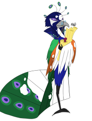 Size: 1823x2388 | Tagged: safe, artist:madtown97, imported from derpibooru, oc, bird, demon, original species, peacock, cape, clothes, glasses, male, peacock feathers, piebald coat, scroll, simple background, slender, slim, solo, transparent background