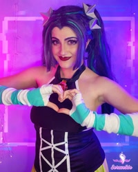 Size: 1080x1350 | Tagged: safe, artist:sarahndipity cosplay, imported from derpibooru, aria blaze, human, equestria girls, armpits, bare shoulders, breasts, clothes, cosplay, costume, heart hands, irl, irl human, photo, sleeveless, solo