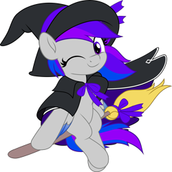 Size: 5005x5000 | Tagged: safe, artist:jhayarr23, imported from derpibooru, oc, oc only, oc:inkwell stylus, pony, broom, cute, flying, flying broomstick, hat, one eye closed, simple background, smiling, solo, transparent background, wink, witch costume, witch hat