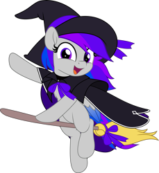 Size: 4585x5000 | Tagged: safe, artist:jhayarr23, imported from derpibooru, oc, oc only, oc:inkwell stylus, pony, broom, cute, flying, flying broomstick, hat, simple background, solo, transparent background, witch costume, witch hat