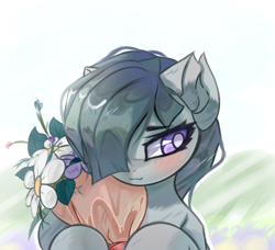Size: 3786x3460 | Tagged: safe, artist:jfrxd, imported from derpibooru, marble pie, earth pony, pony, blushing, bouquet of flowers, bust, cute, eyebrows, eyebrows visible through hair, female, flower, hair over one eye, high res, marblebetes, mare, smiling, solo, white pupils