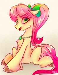 Size: 1074x1368 | Tagged: safe, artist:petaltwinkle, imported from derpibooru, earth pony, pony, aside glance, belly button, bow, chest fluff, colored hooves, female, floppy ears, g5, hair bow, jewelry, looking at you, mare, necklace, open mouth, open smile, posey bloom, sitting, slim, smiling, solo, tail, tail bow, three quarter view, unshorn fetlocks