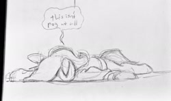 Size: 2048x1212 | Tagged: safe, artist:horsewizardart, imported from derpibooru, trixie, pony, unicorn, clothes, faceplant, female, grayscale, hoodie, mare, monochrome, pencil drawing, sketch, solo, speech bubble, traditional art