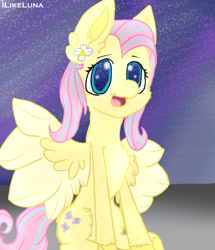 Size: 634x738 | Tagged: safe, artist:ilikeluna, imported from derpibooru, fluttershy, pegasus, pony, daisy (flower), flower, fluffy, happy, open mouth, open smile, smiling, solo, spread wings, wings