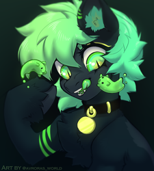 Size: 2700x3000 | Tagged: safe, artist:avroras_world, imported from derpibooru, oc, oc only, cat, earth pony, ghost, hybrid, pony, undead, black background, chest fluff, collar, commission, ear fluff, fangs, female, green eyes, mare, short hair, short mane, simple background, solo, tongue out