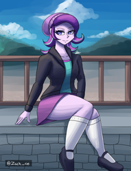 Size: 1289x1684 | Tagged: safe, artist:zachc, imported from derpibooru, starlight glimmer, human, equestria girls, clothes, female, outdoors, signature, sitting, solo