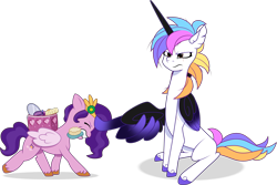 Size: 4335x2892 | Tagged: safe, artist:helenosprime, imported from derpibooru, pipp petals, oc, oc:helenos, alicorn, pegasus, pony, alicorn oc, brush, duo, duo female, female, g4, g4 to g5, g5, generation leap, height difference, horn, mare, my little pony: tell your tale, pipp is short, simple background, slim, transparent background, wing hands, wings