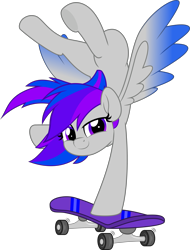 Size: 3806x5000 | Tagged: safe, artist:jhayarr23, imported from derpibooru, oc, oc only, oc:inkwell stylus, pegasus, pony, absurd resolution, colored wings, gradient wings, handstand, looking at you, pegasus oc, show accurate, simple background, skateboard, smiling, smiling at you, solo, spread wings, transparent background, upside down, wings