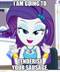 Size: 500x602 | Tagged: safe, edit, edited screencap, imported from derpibooru, screencap, rarity, human, camping must-haves, equestria girls, spoiler:eqg series (season 2), bedroom eyes, caption, clothes, eyebrows, eyeshadow, female, looking at you, makeup, meme, open mouth, open smile, smiling, smiling at you, solo, text