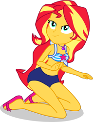 Size: 2482x3252 | Tagged: safe, alternate version, artist:dustinwatsongkx, imported from derpibooru, sunset shimmer, human, equestria girls, accessory swap, bare shoulders, bikini, clothes, clothes swap, eyebrows, female, geode of telekinesis, high res, kneeling, lidded eyes, looking up, magical geodes, sandals, sci-twi swimsuit, simple background, sleeveless, smiling, solo, swimsuit, swimsuit swap, transparent background