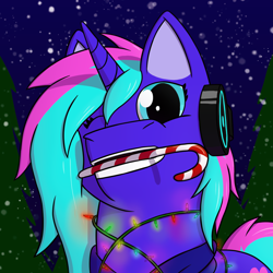 Size: 1200x1200 | Tagged: safe, artist:passionpanther, imported from derpibooru, oc, oc only, pony, unicorn, candy, candy cane, christmas, christmas lights, food, headphones, hearth's warming, holiday, icon, mouth hold, night, one eye closed, smiling, snow, solo, wink
