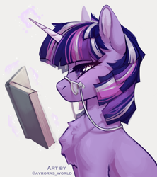 Size: 2400x2700 | Tagged: safe, artist:avroras_world, imported from derpibooru, twilight sparkle, pony, unicorn, accessory, book, chest fluff, ear fluff, female, g4, glasses, glowing, glowing horn, horn, magic, mare, reading, redesign, short hair, short mane, simple background, solo, unicorn twilight, white background