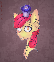 Size: 1130x1280 | Tagged: safe, artist:caecusgirl, imported from derpibooru, apple bloom, earth pony, pony, bust, chest fluff, female, filly, flower pot, foal, grin, portrait, simple background, smiling, solo