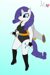 Size: 730x1095 | Tagged: safe, artist:god-ale05, imported from derpibooru, rarity, anthro, unicorn, boots, clothes, female, floating, flying, gradient background, jetpack, leotard, shoes, solo