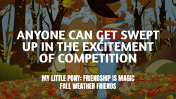 Size: 1920x1080 | Tagged: safe, edit, edited screencap, editor:quoterific, imported from derpibooru, screencap, applejack, rainbow dash, fall weather friends, forest, leaves, tree