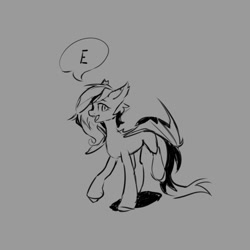 Size: 922x922 | Tagged: safe, artist:laymy, imported from derpibooru, oc, oc only, bat pony, pony, bat pony oc, e, female, gray background, grayscale, mare, monochrome, open mouth, simple background, solo, speech bubble