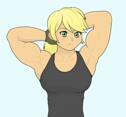 Size: 1606x1496 | Tagged: safe, artist:cyanrobo, imported from derpibooru, applejack, human, applejacked, arm behind head, breasts, busty applejack, clothes, female, feminism, humanized, looking at you, muscles, muscular female, solo