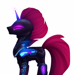 Size: 704x704 | Tagged: safe, imported from derpibooru, tempest shadow, pony, unicorn, ai content, ai generated, armor, cyberpunk, eyes closed, female, generator:stable diffusion, simple background, solo, white background
