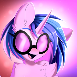 Size: 1269x1269 | Tagged: safe, artist:kebchach, imported from derpibooru, dj pon-3, vinyl scratch, unicorn, blue hair, blushing, looking at you, shading, simple background, smiling, solo, sunglasses, white fur